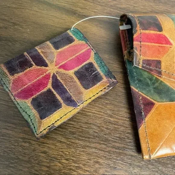 Mediterranean trading co geometric leather wallet and coin pouch two piece set - Picture 3 of 11